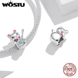 Wostu 925 Silver Love Heart Fortune Cat Charm Bead for Bracelet Necklace