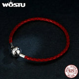 Wostu 925 Silver Lucky Bracelet Red Leather Rope S925 Charms CZ Women FNB042