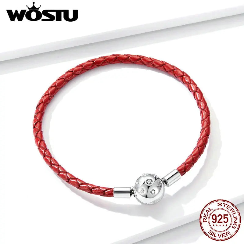 Wostu 925 Silver Lucky Bracelet Red Leather Rope S925 Charms CZ Women FNB042