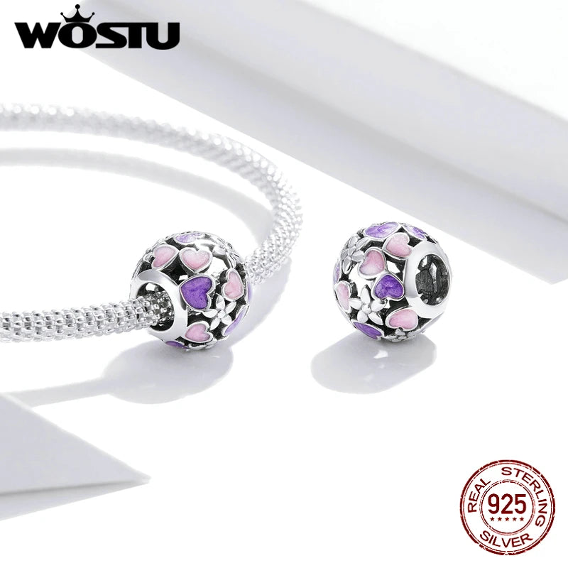 Wostu 925 Sterling Silver Purple Heart Charm Bead for Bracelet Women Jewelry