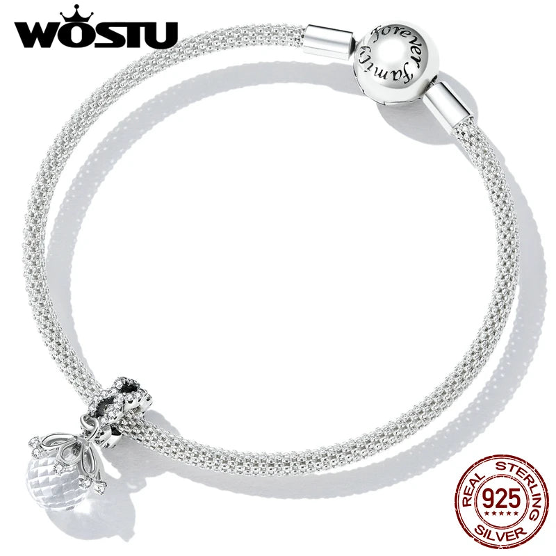Wostu 925 Silver Clear Crystal Charms Vintage Flower Beads for Women Bracelet