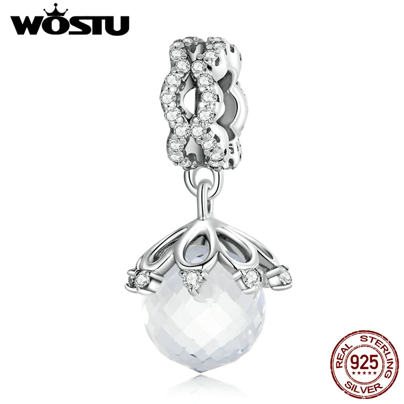 Wostu 925 Silver Clear Crystal Charms Vintage Flower Beads for Women Bracelet