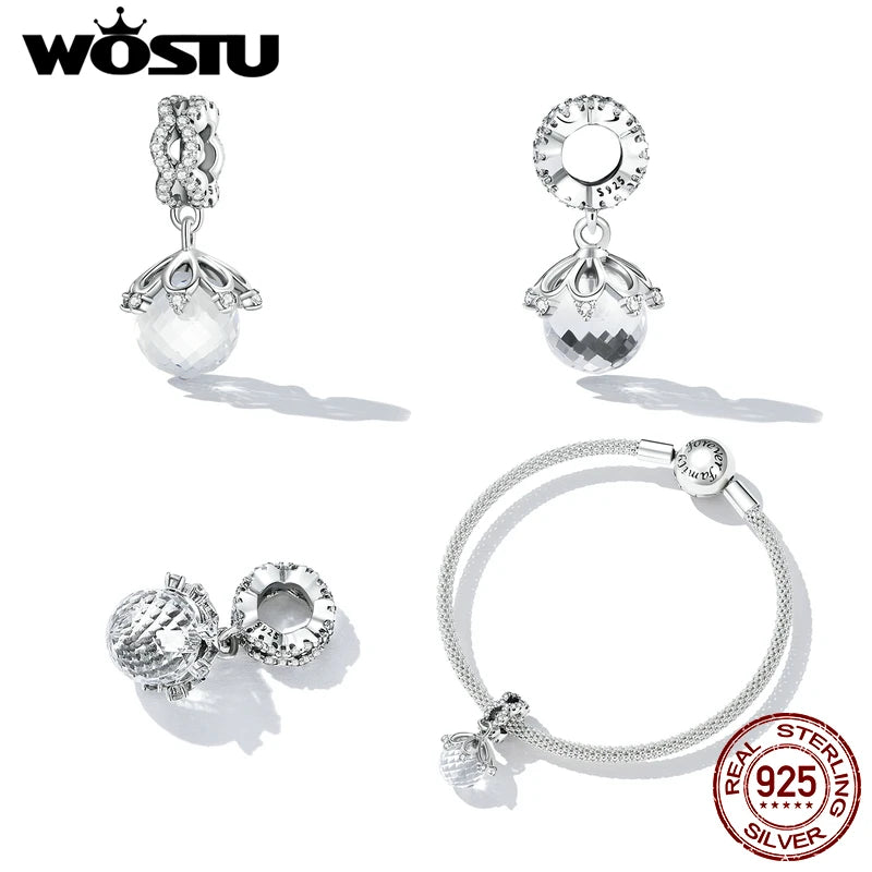 Wostu 925 Silver Clear Crystal Charms Vintage Beads For Women