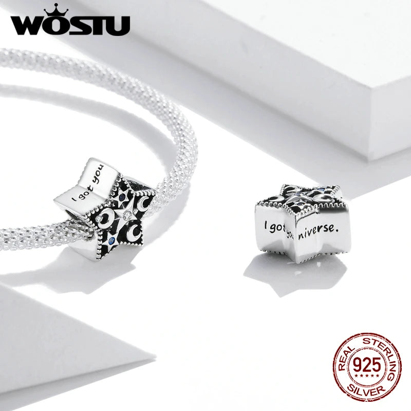 Wostu 925 Sterling Silver Star Moon Beads CZ Charm for Women Charms Bracelet