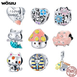Wostu 925 Silver Family Cat Flower Charm for Bracelet