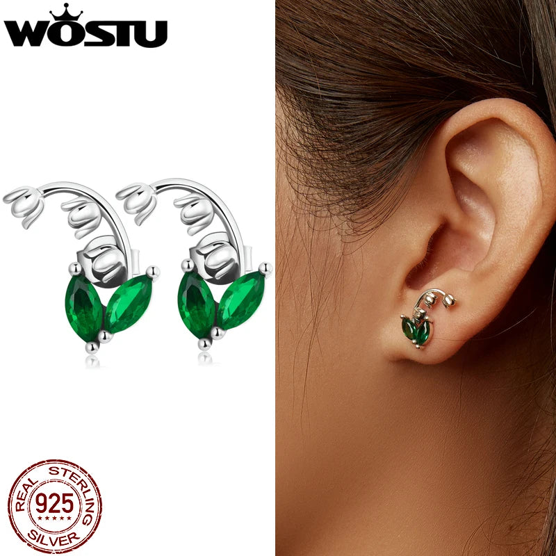 Wostu 925 Silver Lily Valley Earrings Stud for Women Wedding Party Gift