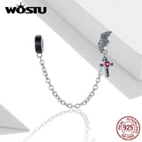 Wostu 925 Sterling Silver Safety Chain Winged Cross Charms Clear CZ