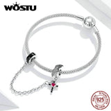 Wostu 925 Sterling Silver Safety Chain Winged Cross Charms Clear CZ