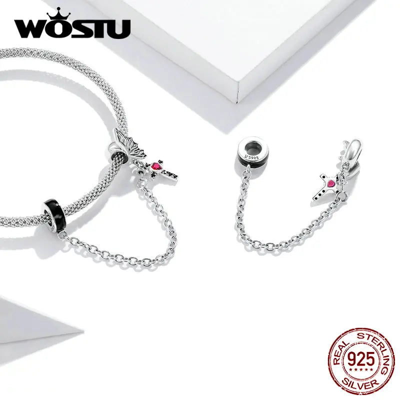 Wostu 925 Sterling Silver Safety Chain Winged Cross Charms Clear CZ