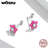 Wostu 925 Silver Pink Flower Stud Earrings Zircon Ear Buckles