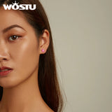 Wostu 925 Silver Pink Flower Stud Earrings Zircon Ear Buckles
