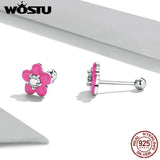 Wostu 925 Silver Pink Flower Stud Earrings Zircon Ear Buckles