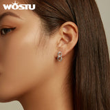 Wostu Silver Earrings 925 Stud Women Double Ring Chain Ear Stud Buckle