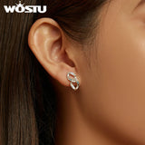Wostu Silver Earrings 925 Stud Women Double Ring Chain Ear Stud Buckle