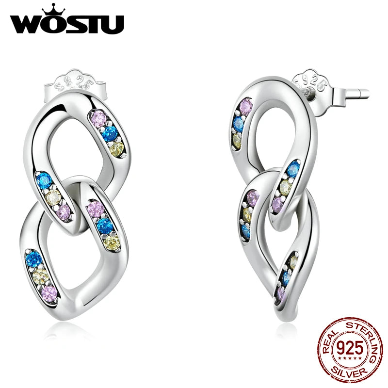 Wostu Silver Earrings 925 Stud Women Double Ring Chain Ear Stud Buckle