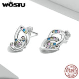 Wostu Silver Earrings 925 Stud Women Double Ring Chain Ear Stud Buckle