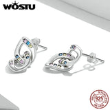 Wostu Silver Earrings 925 Stud Women Double Ring Chain Ear Stud Buckle