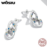 Wostu Silver Earrings 925 Stud Women Double Ring Chain Ear Stud Buckle