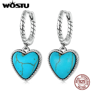 Wostu Silver Earrings 925 Turquoise Stud Women Heart Ear Buckles