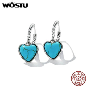 Wostu Silver Earrings 925 Turquoise Stud Women Heart Ear Buckles