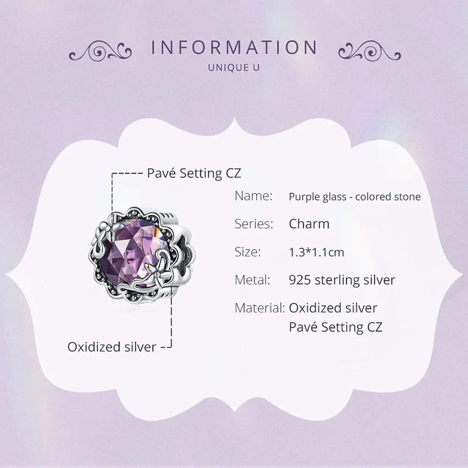 Wostu Vintage 925 Sterling Silver Purple Glass Zircon Pattern Round Bead Charm