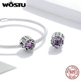 Wostu Vintage 925 Sterling Silver Purple Glass Zircon Pattern Round Bead Charm