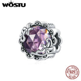 Wostu Vintage 925 Sterling Silver Purple Glass Zircon Pattern Round Bead Charm