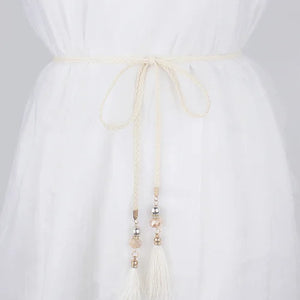 Women's Woven Braided Waist Rope Belt with Rhinestone Tassel