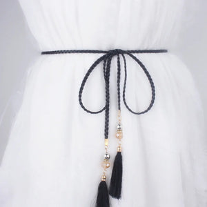 Women's Woven Braided Waist Rope Belt with Rhinestone Tassel