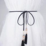 Women's Woven Braided Waist Rope Belt with Rhinestone Tassel