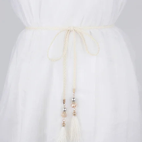Women's Woven Braided Waist Rope Belt with Rhinestone Tassel