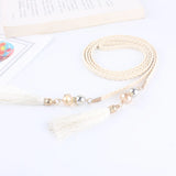 Women's Woven Braided Waist Rope Belt with Rhinestone Tassel