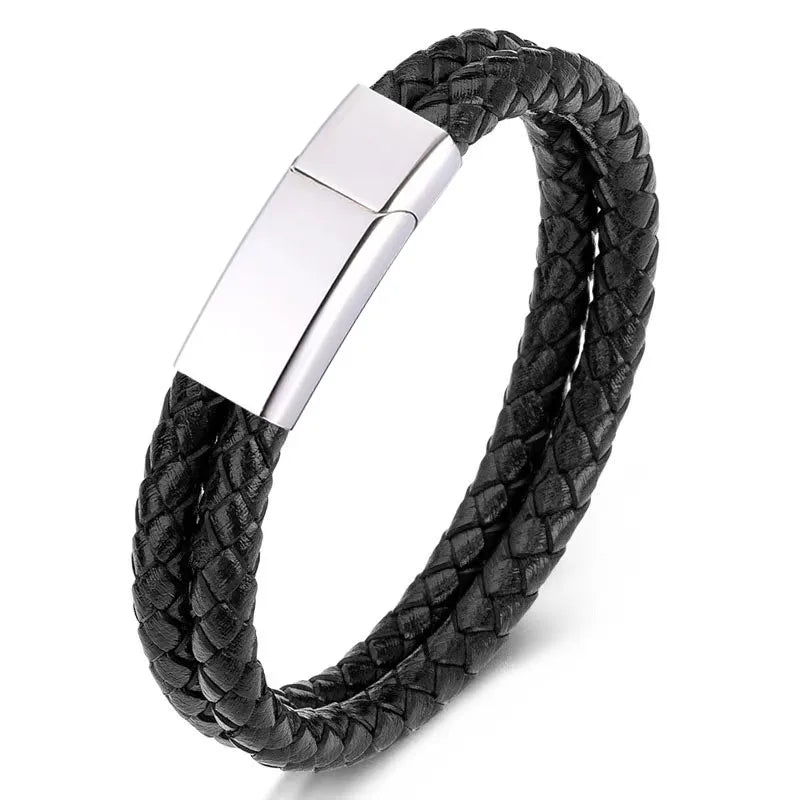 Stainless Steel Men's Leather Bracelet Woven Rope Chain Punk Style