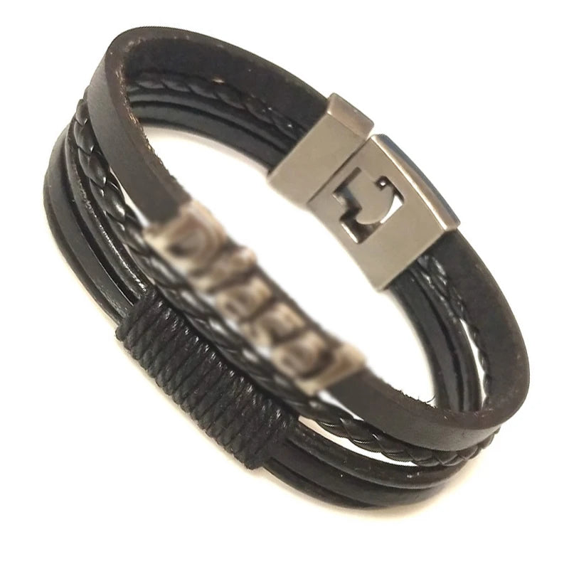 Customizable Woven Leather Rope Wrap Stainless Steel Men's Bracelet