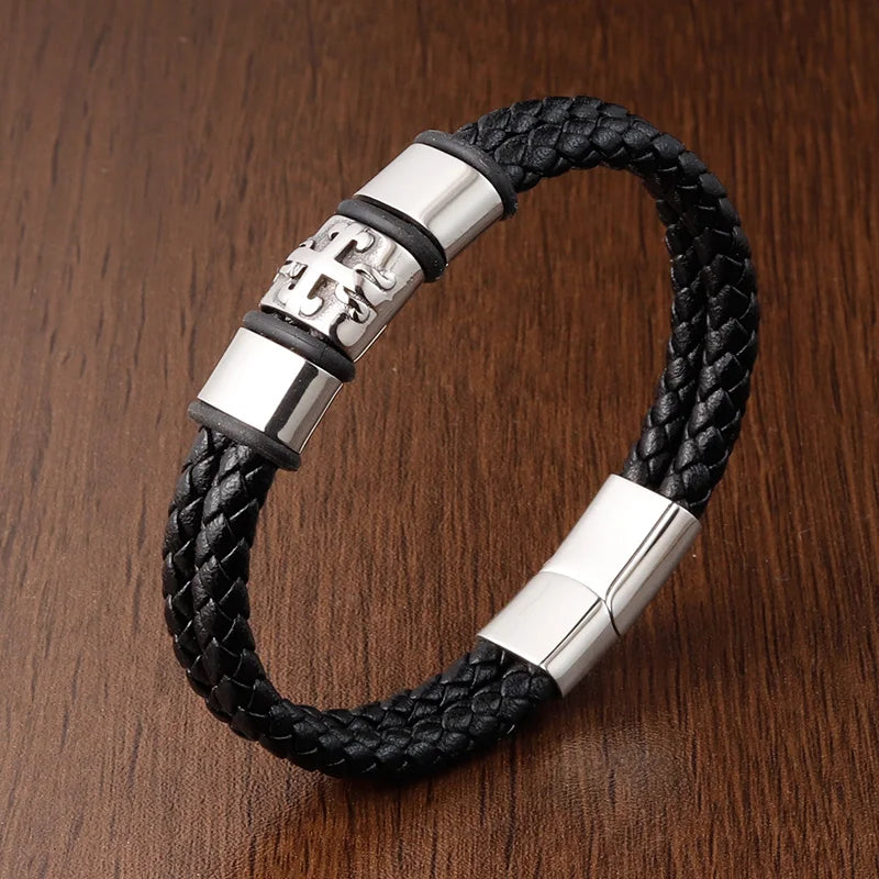 Stainless Steel Men's Leather Bracelet with Woven Rope Wrap