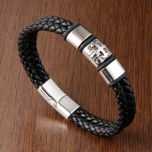 Stainless Steel Men's Leather Bracelet with Woven Rope Wrap