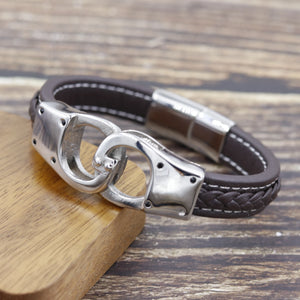 Classic Stainless Steel Men's Leather Bracelet with Woven Leather Rope