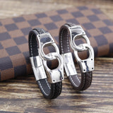 Classic Stainless Steel Men's Leather Bracelet with Woven Leather Rope