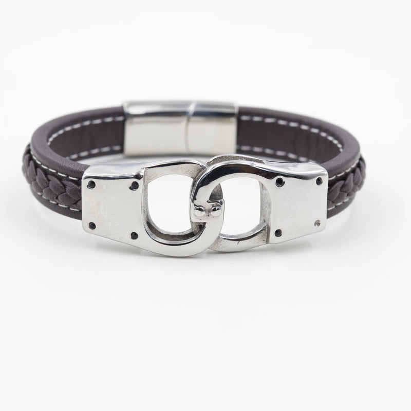 Classic Stainless Steel Men's Leather Bracelet with Woven Leather Rope