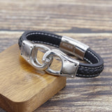Classic Stainless Steel Men's Leather Bracelet with Woven Leather Rope