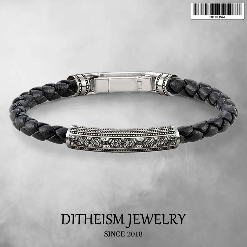 Woven Leather Wrap Bracelet Love Knot with Spring Clap, Silver Punk Jewelry