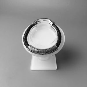 Woven Leather Wrap Bracelet Love Knot with Spring Clap, Silver Punk Jewelry