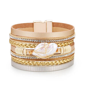 Wide Wrap Pearl Leather Bracelet Women Lady Bangle Jewelry