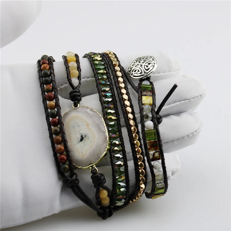 Leather Rope Punk Stone Bead Bracelet Classic Retro Jewelry