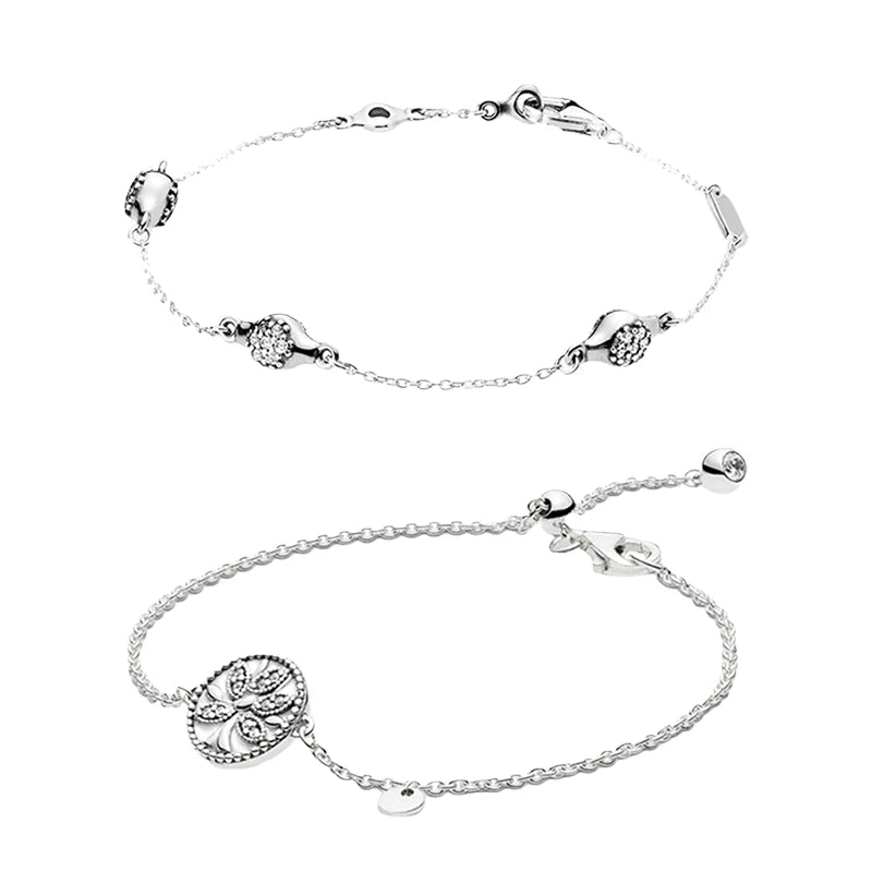 Sterling Silver Chain Bracelet W/ Zircon Stones & Tree Of Life Design