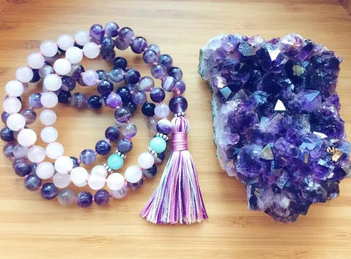 Wristband Buddhism Natural Quartz Violet 108 Beads Tassels Necklace