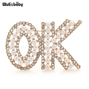 2-color Pearl OK Brooches For Women Shining Letters Office Casual Pin