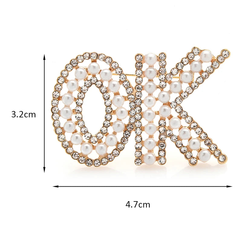2-color Pearl OK Brooches For Women Shining Letters Office Casual Pin