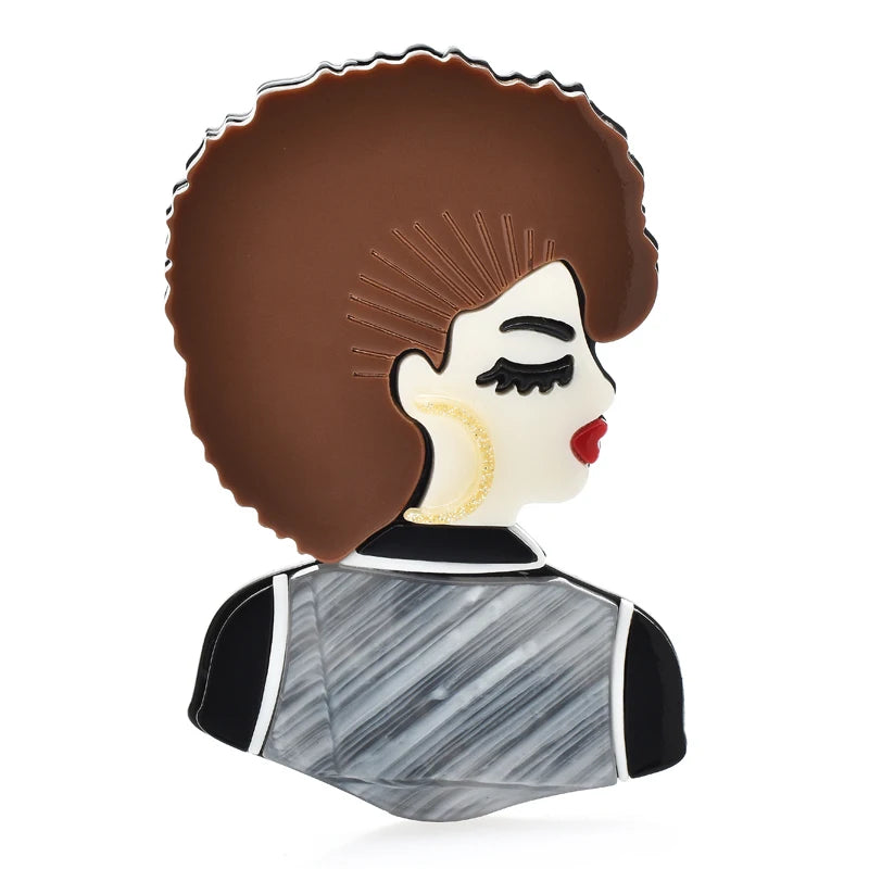 Brown Hair Girl Brooches Acrylic Big Ear-ring Beauty Lady Party Casual Pin