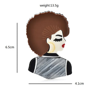 Brown Hair Girl Brooches Acrylic Big Ear-ring Beauty Lady Party Casual Pin
